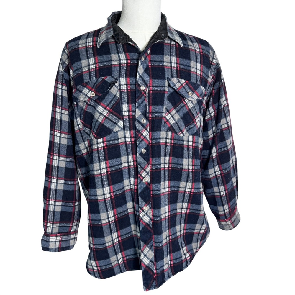 COLEMAN‎ Men's XL Red Navy Blue White Plaid Flannel Shirt Shacket Quilted Lining
